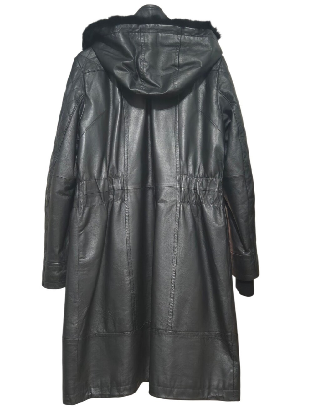 Danier Genuine Leather Coat Large Black Rabbit Fur Trim Quilted Sleeves - Picture 5 of 12